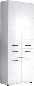 trendteam smart living - Skin - Hochschrank - Weiß/Weiß Hochglanz - Badschrank 12 Fächer und 2 Schubladen - (BxHxT) 30 x 182 x 31 cm - Schwarze Griffe - Kratzfest