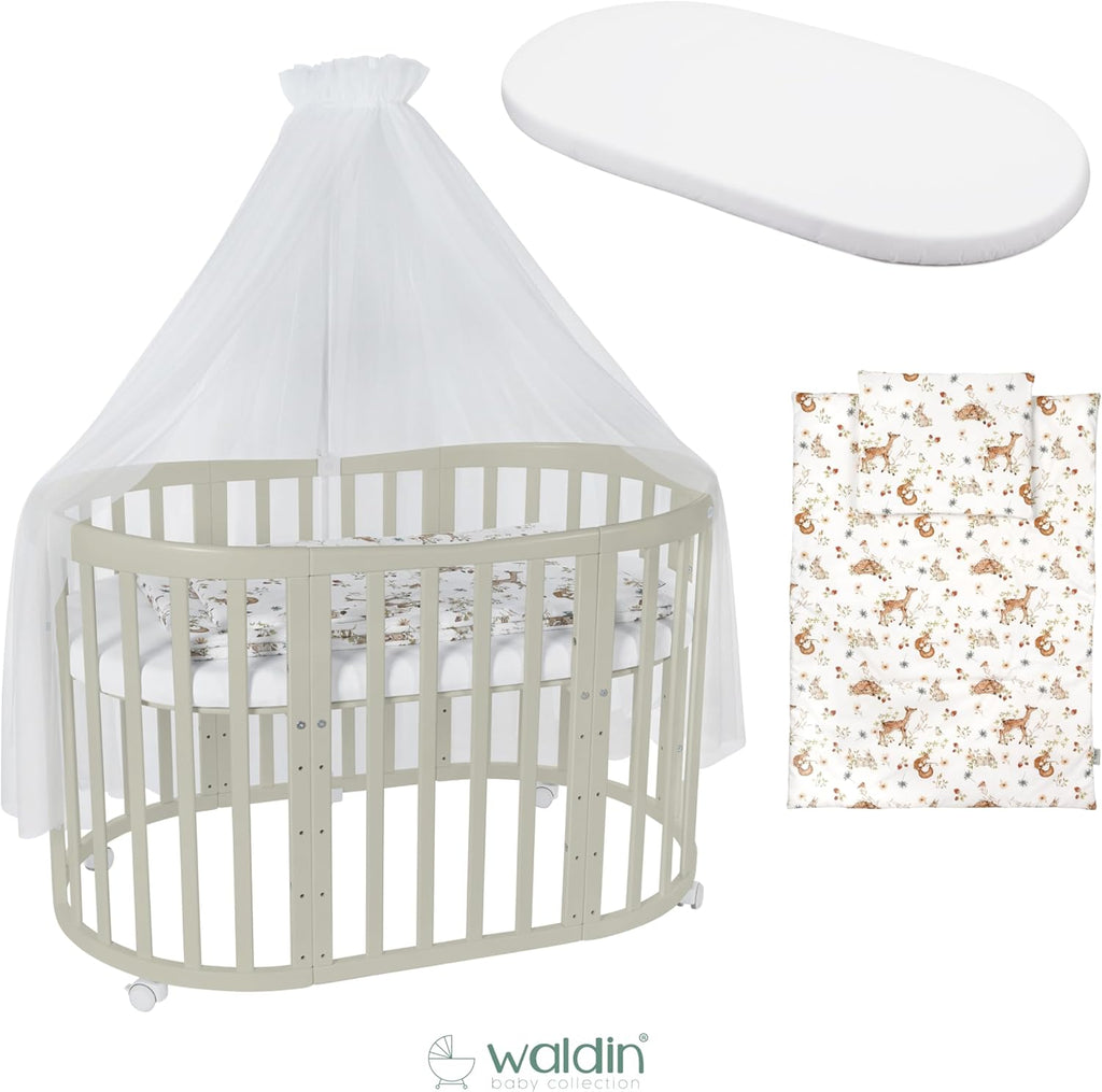 Waldin Oval Baby-Bett Mitwachsend Komplett Set 7in1, Gitterbett, Kinderbett mit Matratze, Wickelkommode, Beistellbett, Holz Weiß