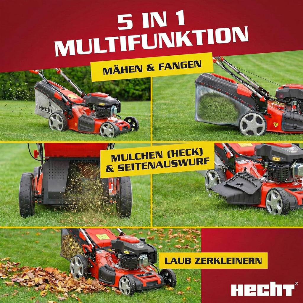 HECHT 5-IN-1 Benzin Rasenmäher - leistungsstarker 4 Takt Motor 4,0 kW (5,5 PS) - Elektrostart - 51 cm Schnittbreite - 65 l Fangkorb - Radantrieb - patentierte Räder - Mulchmäher Rasenmäher