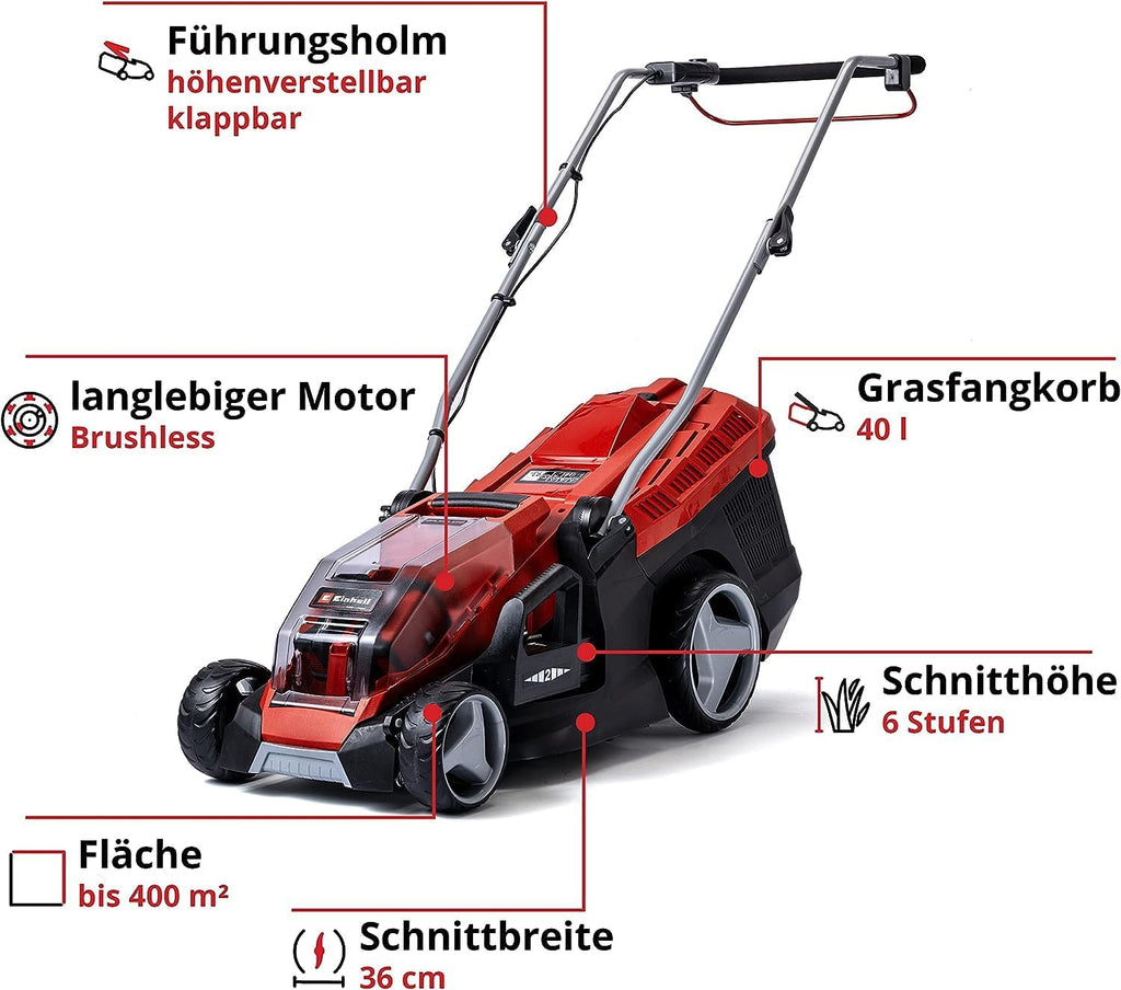 Einhell Akku-Rasenmäher GE-cm 36/36 Li Kit Power X-Change (36 V, 36 cm Schnittbreite, bis 400 m2, Brushless, 40L Fangkorb, 25-75 mm Schnitthöhe, inkl. 2X 4,0 Ah Akku + 2X Ladegerät)