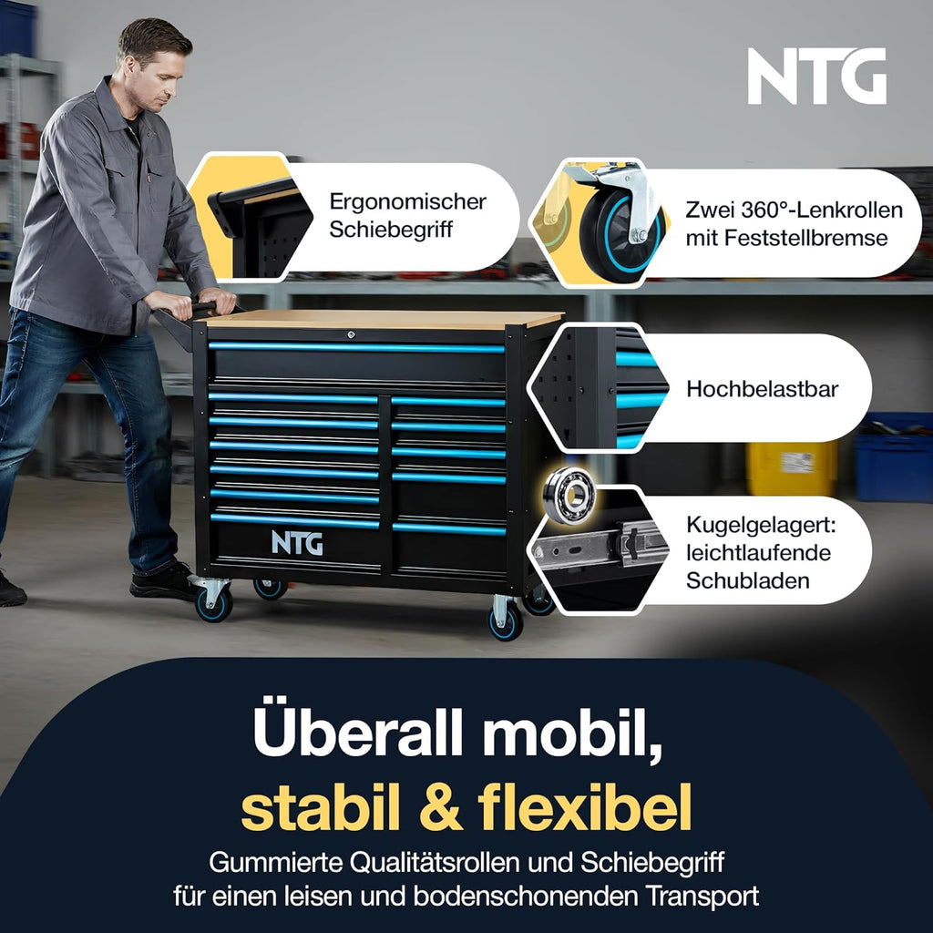 NTG Werkzeugwagen XXL â€?471-tlg. bestückt â€?12 Schubladen mit Holzarbeitsplatte, abschließbar, mobil auf Rollen â€?Profi Werkstattwagen aus Metall für Garage & Werkstatt