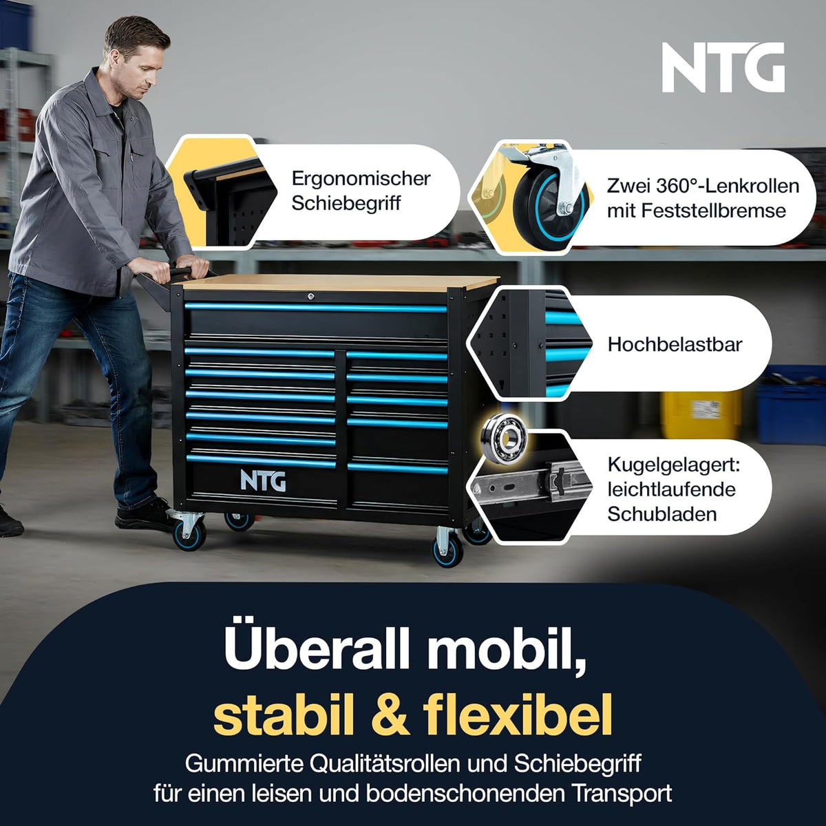 NTG Werkzeugwagen XXL â€?471-tlg. bestückt â€?12 Schubladen mit Holzarbeitsplatte, abschließbar, mobil auf Rollen â€?Profi Werkstattwagen aus Metall für Garage & Werkstatt