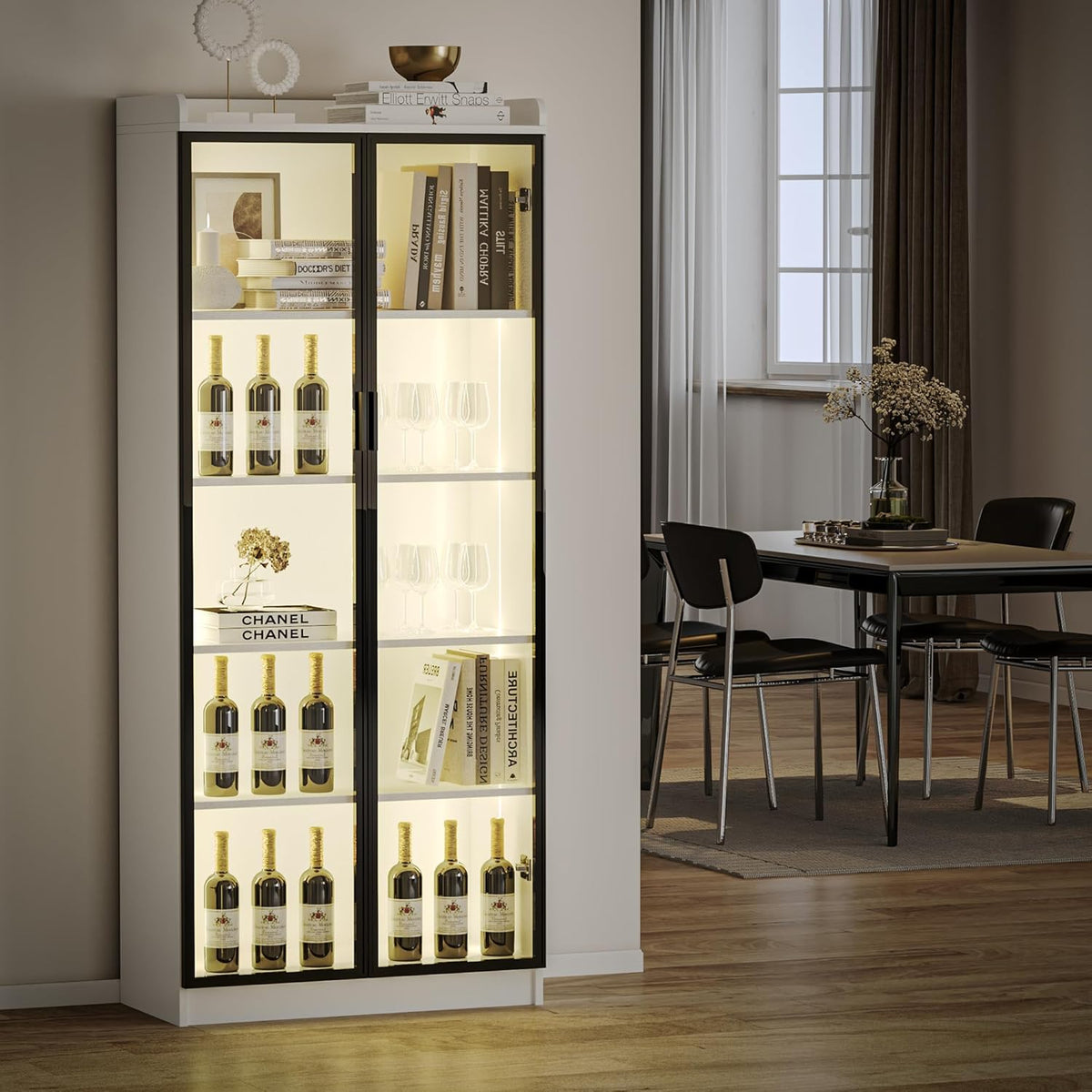 Gurexl Vitrine mit LED Beleuchtung und Intelligente Sensorik für Kuriositäten,Vitrinenschrank mit 5 Höhenverstellbaren Böden und Acryltür für Wohnzimmer,Persönliches Büro,Studie,Schätze,Weiß