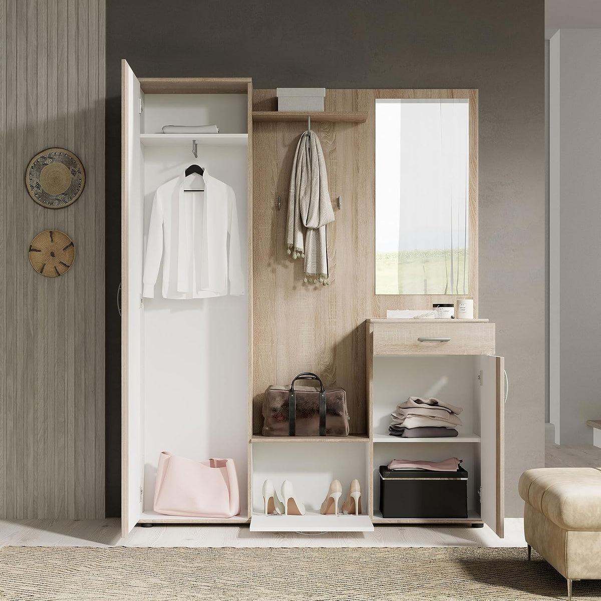 Stella Trading PATENT Flurgarderoben Set in Sonoma Eiche Optik, Weiß - Stylishe Kompaktgarderobe mit Spiegel für Ihren Eingangsbereich - 145 x 184 x 29 cm (B/H/T), Braun