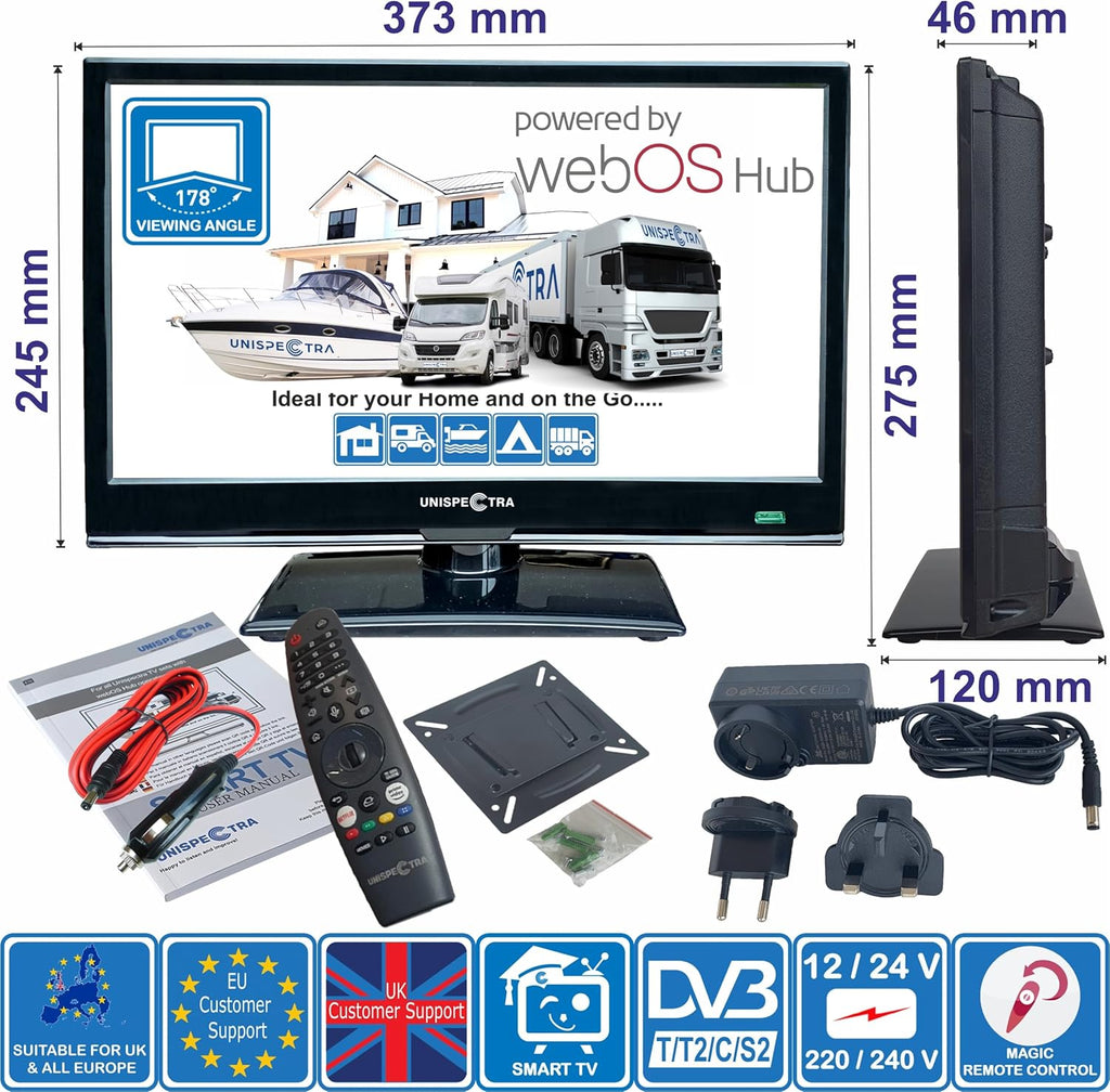 Unispectra® 16â€?Smart TV (webOS) Full HD 230V 24V Triple Tuner: Sat, Antenne, Kabel TV, 3xHDMI, 2xUSB, Magic Remote. 12V Fernseher für Wohnmobile, Wohnwagen, LKWs, Lieferwagen, Boote