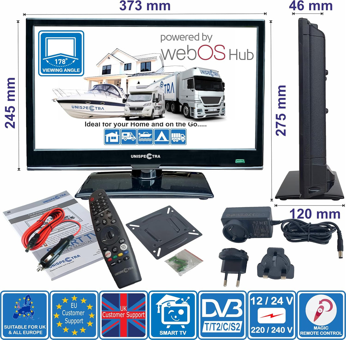 Unispectra® 16â€?Smart TV (webOS) Full HD 230V 24V Triple Tuner: Sat, Antenne, Kabel TV, 3xHDMI, 2xUSB, Magic Remote. 12V Fernseher für Wohnmobile, Wohnwagen, LKWs, Lieferwagen, Boote