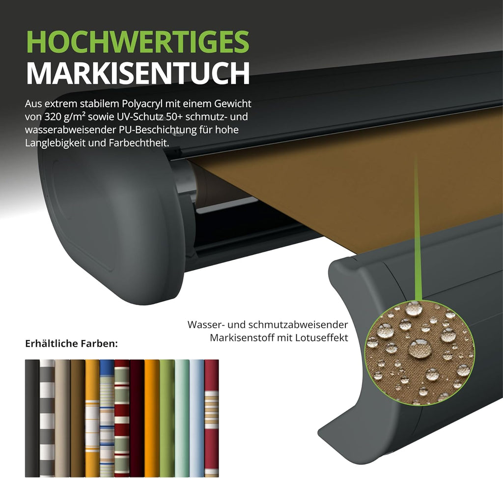 Eclipse Vollkassettenmarkise elektrisch 5,6x3,5 m basaltgraues Gehäuse Markise Balkon Terrassenüberdachung Gelenkarm Polyacryltuch UV-Schutz 50+ Smarthome-fähiger Dooya Motor, Markisentuch: Grau-Weiß
