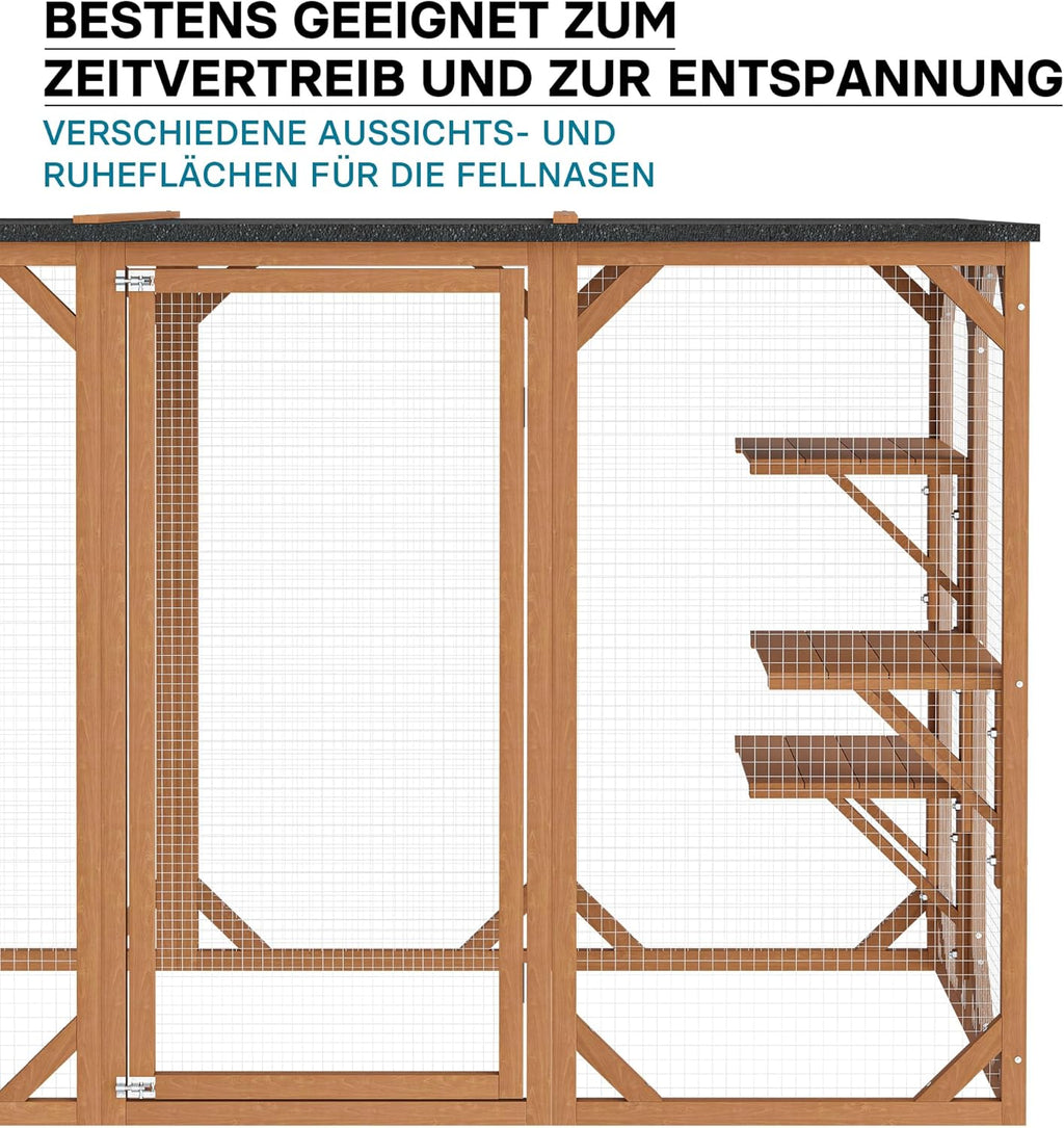 Wiltec Freilaufgehege Katzen 168 x 82 x 166,5 cm mit 6 Liegeflächen, wetterfestes Katzengehege Garten, Katzenhaus mit Drahtgitter und Bitumen Dach