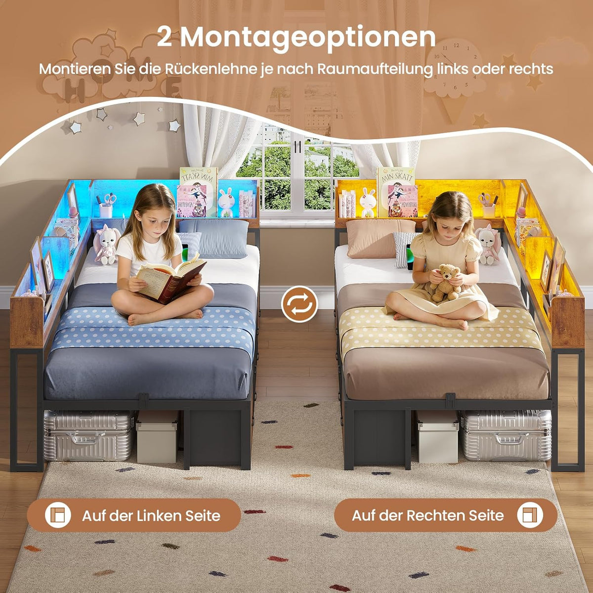 Bett 90x200 mit Stauraum Schlafsofa mit Integriertem Bücherregal & 6 Schubladen,Jugendbett mit LED-Beleuchtung & Ladestation Gästebett Tagesbett Bettgestell mit Lattenrost(Vintage Braun, 90x200cm)