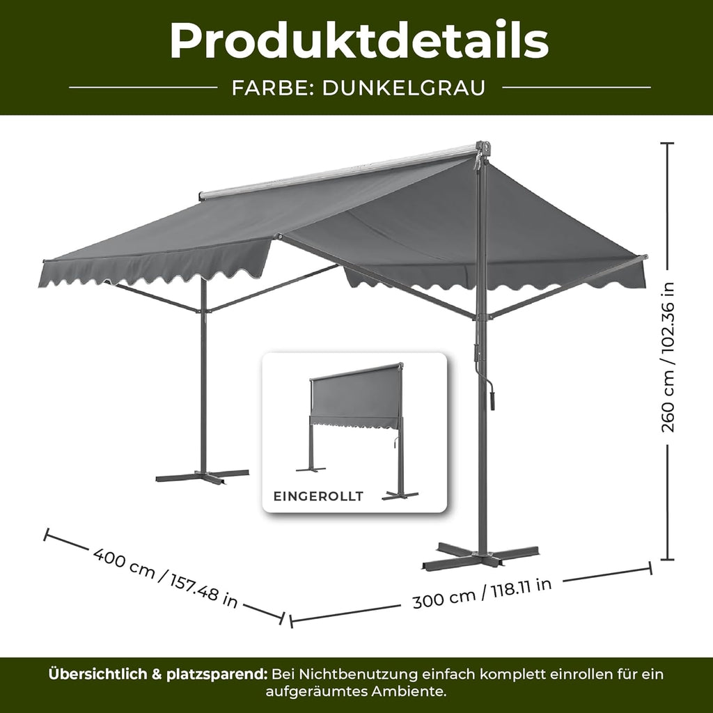pro.tec Standmarkise Selenizza freistehende Markise 400x300x260cm Gartenmarkise Sonnenschutz Terrassenüberdachung Outdoor Terrasse Garten Balkon Dunkelgrau