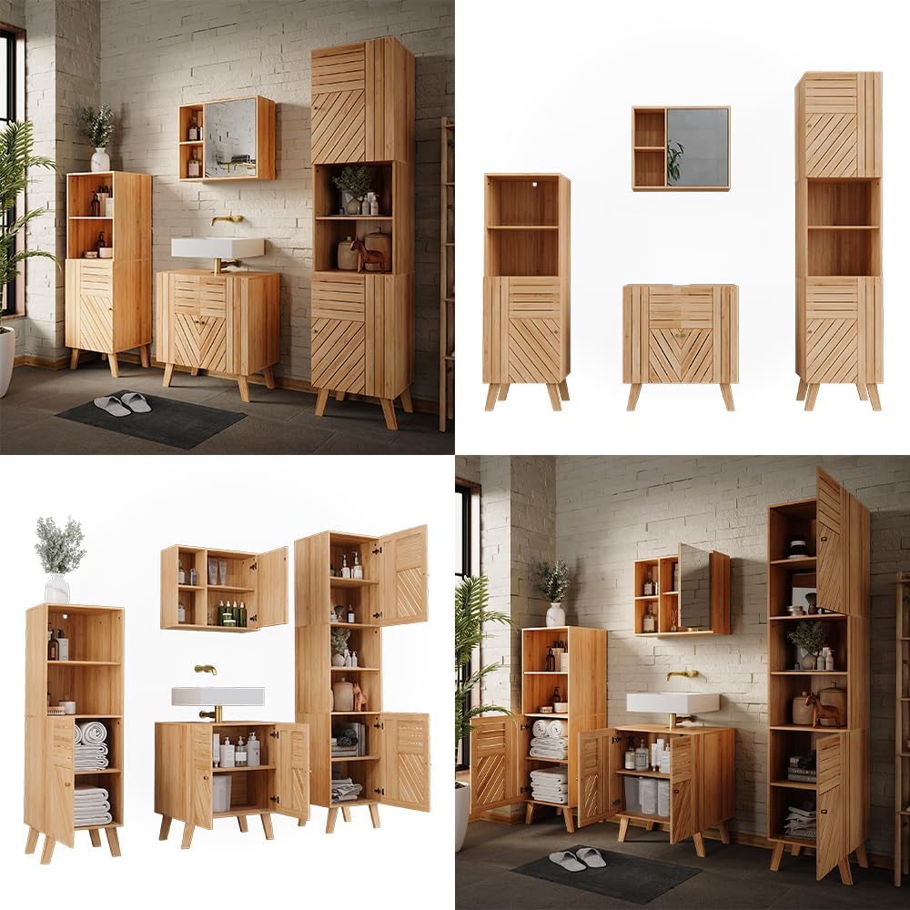 Vicco Badmöbel-Set Lucie, Bambus, 60 cm, besteht aus Waschbeckenunterschrank, Spiegelschrank, Hochschrank und Midischrank