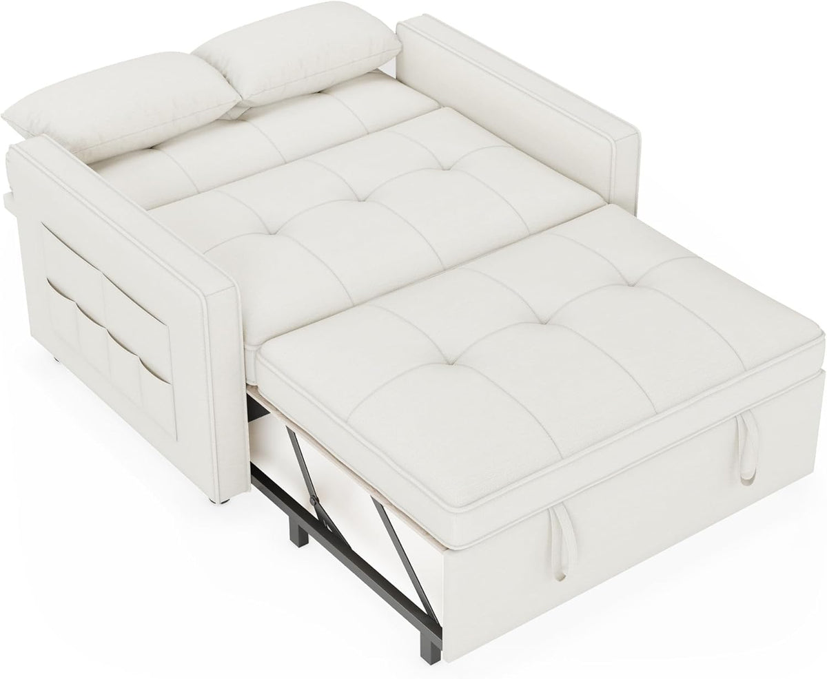 Schlafsofa 186 x 122 cm mit 5-stufig Verstellbarer Rückenlehne, 3-in-1 Schlafcouch mit Kissen und Seitentasche, cremeweißes Leinen-Sofa für Gästezimmer  und  kleine Räume