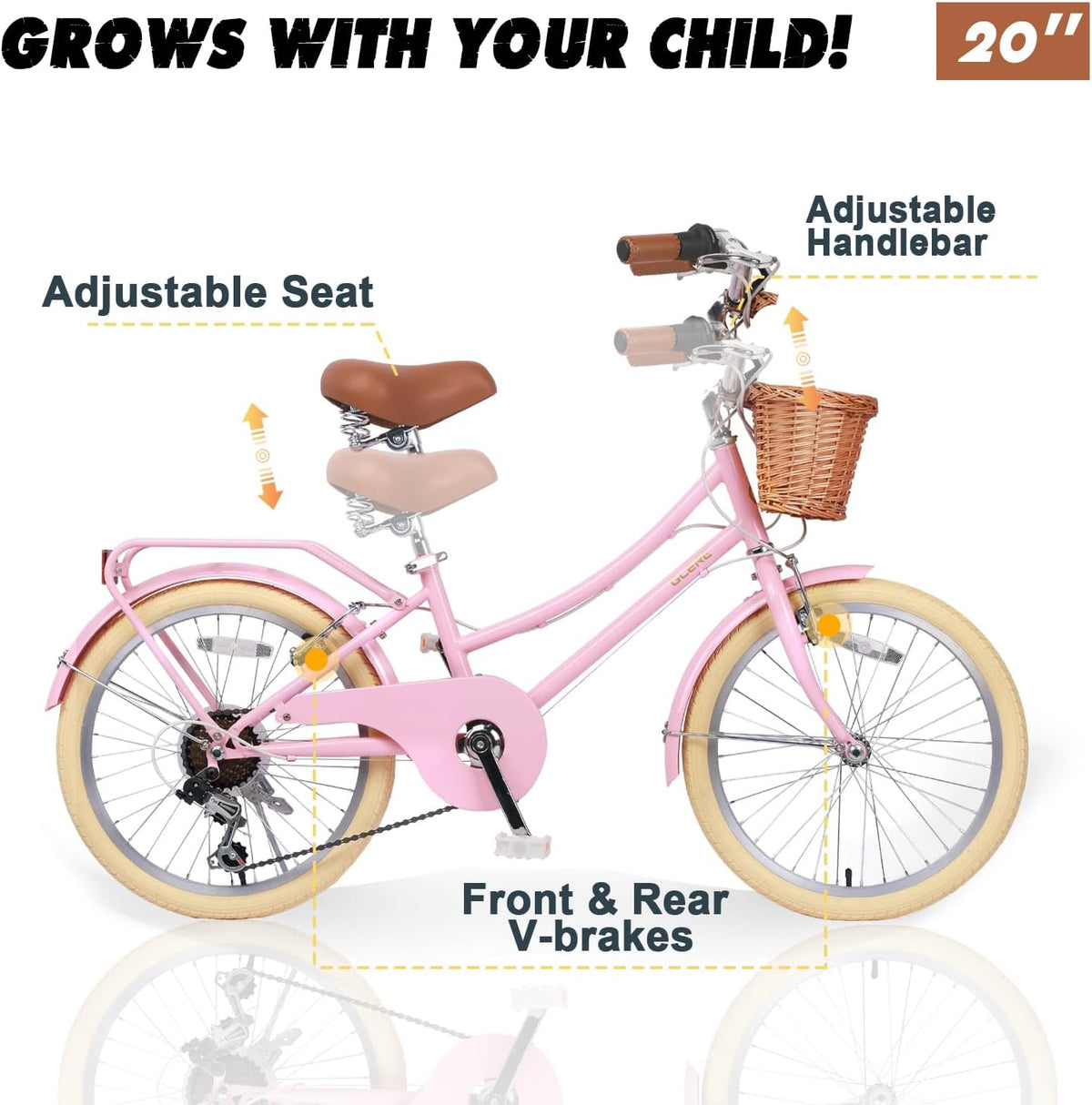 Glerc Missy 20 24 26 Zoll Mädchen City 6-Gang Hybrid Cruiser Fahrrad mit Weidenkorb für Jugend über 6-Jahre alt, mehrere Farben