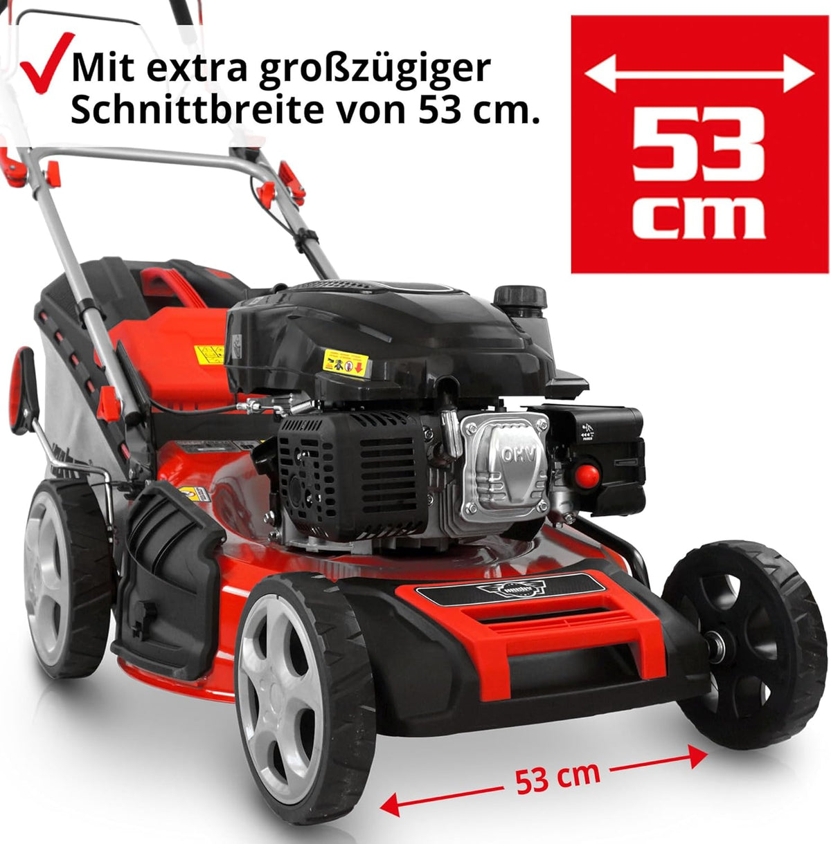 HECHT 5-IN-1 Benzin Rasenmäher â€?leistungsstarker 4 Takt Eco Motor 4,4 kW (6,0 PS) â€?Seilzug Starter â€?mit 53 cm Schnittbreite â€?75 l Fangkorb â€?Radantrieb â€?patentierte Räder â€?EasyClean â€?Mulchmäher