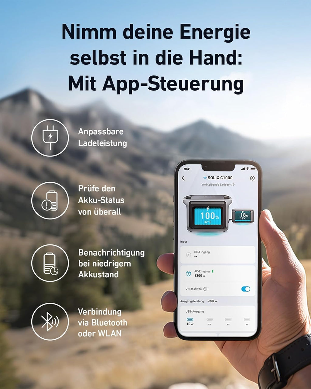 SOLIX C1000 Tragbare Powerstation, LiFePO4, 1800W Solargenerator, 100% geladen in 58 Min. mit UltraFast Modus, LFP Powerstation für Outdoor, Camping und Stromreserve (Optionales Solarpanel)