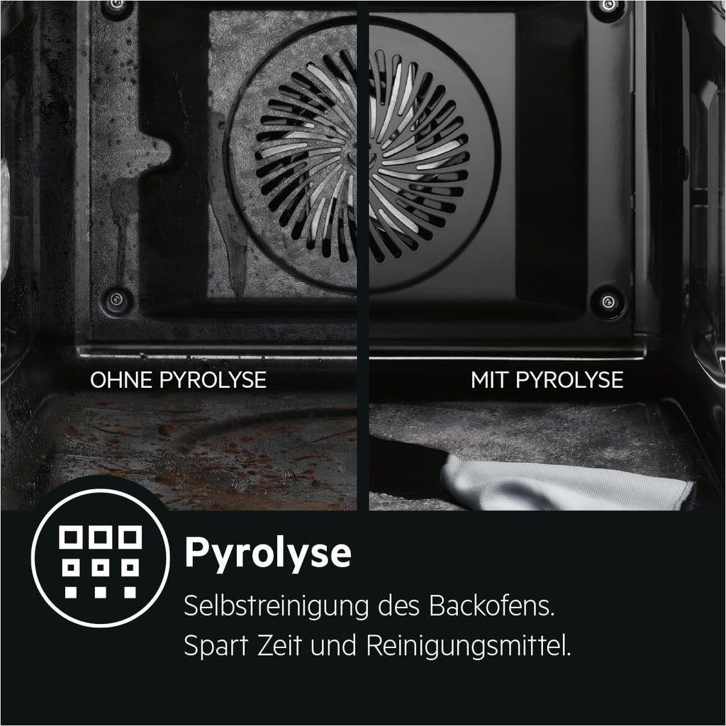 AEG Einbaubackofen â€?Serie 5 Ringheißluft: Gleichmäßige Garergebnisse auf 3 Ebenen â€?Pyrolyse Selbstreinigung â€?25 Automatikprogramme â€?LED-Touchdisplay â€?Schnellaufheizung â€?Schwarz â€?BPE53516AB