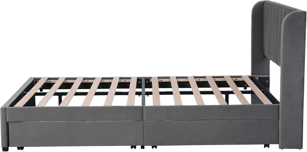 Polsterbett Doppelbett 140x200 cm, Bett mit 2 Stauraum Schubladen und Lattenrost aus Holz, Stauraumbett Bettgestell mit Metallrahmen, Samt, Grau (Ohne Matratze)