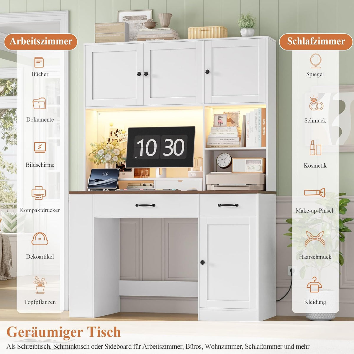 FirFurd 180cm hohe Schreibtisch mit Schubladen und Bücherregal, Computertisch aus Holz mit LED & Steckdosenleiste, Bürotisch PC-Tisch Möbel für Arbeitszimmmr, Büro, Kinderzimmer 180x120x50cm Weiß