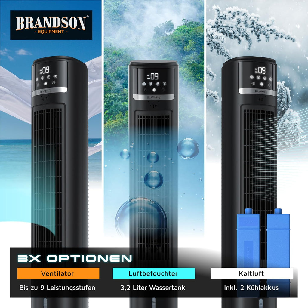 Brandson â€?mobiler Luftkühler mit Wasserkühlung im ECO Design - DC Motor sehr leise - 60% Energieeinsparung - Sieger Ventilatoren und Luftkühler 2026 - Turmventilator â€?Oszillation â€?Ion Funktion
