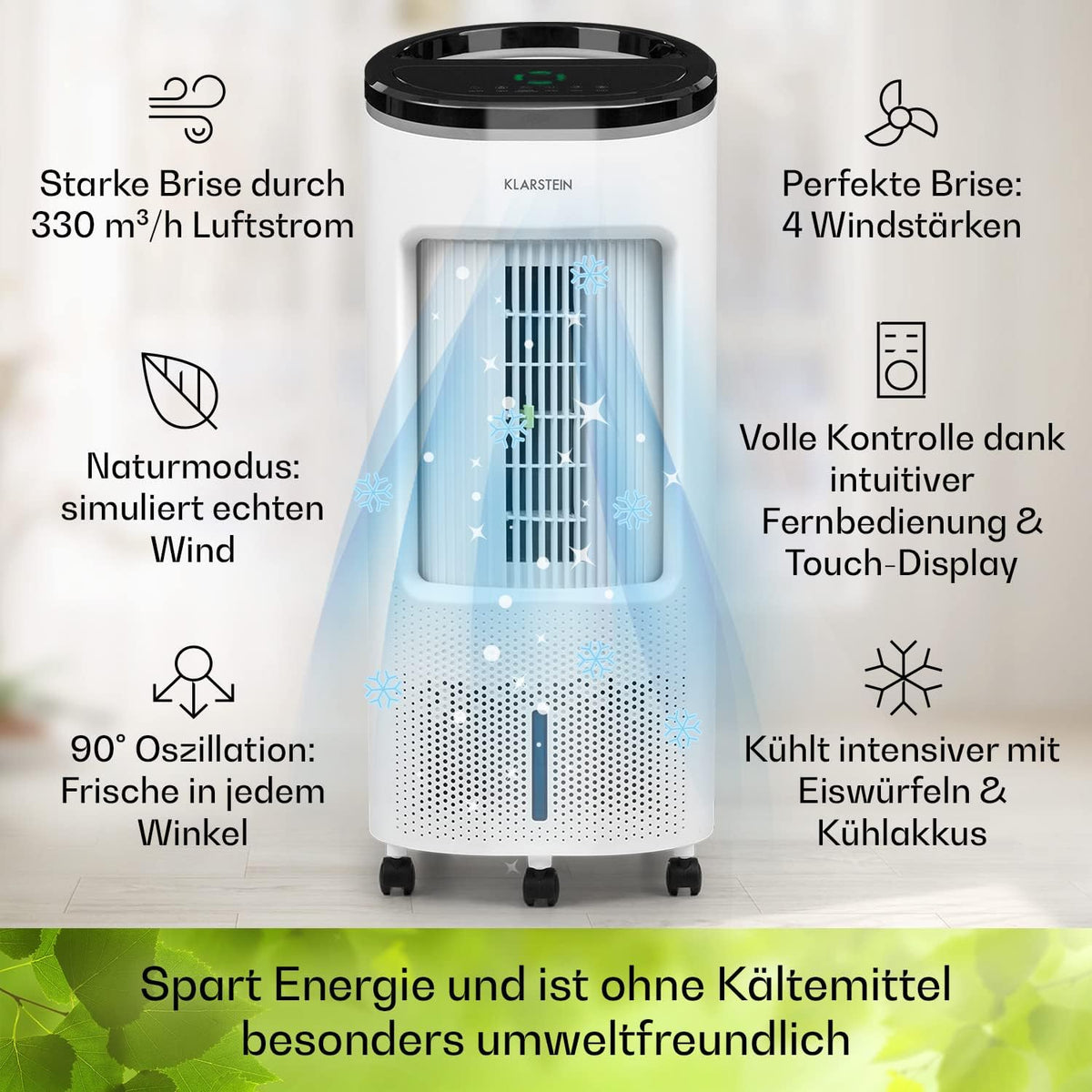 Klarstein Luftkühler mit Wasserkühlung, Leiser 4-in-1 Verdunstungskühler, Luftbefeuchter, Ventilator & Nachtmodus, Mobile Klimageräte Luftkühler 7L, 65W Air Cooler, 330m³/h Kühlender Luftstrom