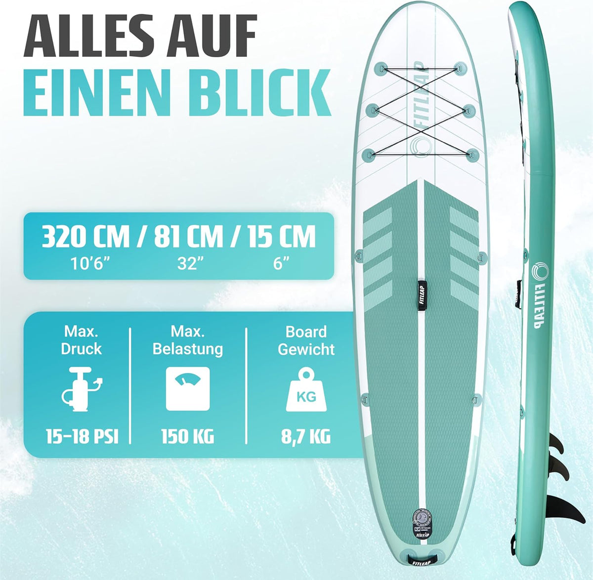 Premium Stand Up Paddle Board aufblasbar - SUP Board Set mit Hochdruckpumpe, verstellbarem Paddel und Rucksack - Ideal für Anfänger und Profis - Perfekt für Yoga, Surfen und Wassersport
