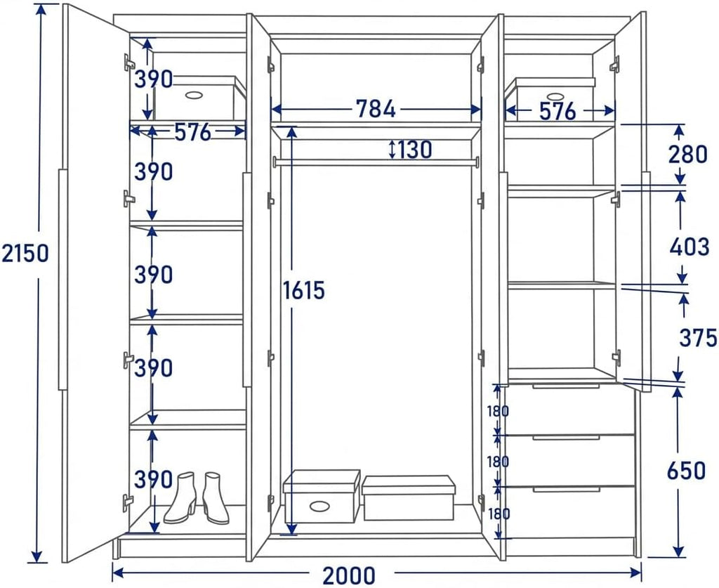 A und J MöbelLand VIVO Kleiderschrank 4-türig mit Spiegel und Schubladen - 200 x 215 cm - Drehtürenschrank mit Kleiderstange und Einlegeböden