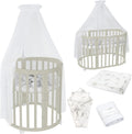 Waldin Oval Baby-Bett Mitwachsend Komplett Set 7in1, Gitterbett, Kinderbett mit Matratze, Wickelkommode, Beistellbett, Holz Weiß