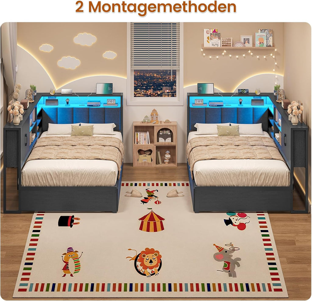 Polsterbett Schlafsofa 90x200 mit LED-Beleuchtung, Ladestation, Tagesbett, Jugendbett mit 2 Schubladen und Lattenrost aus Metall, Kopfteil mit Stauraum, Offene Regale, Schrank, Schwarz
