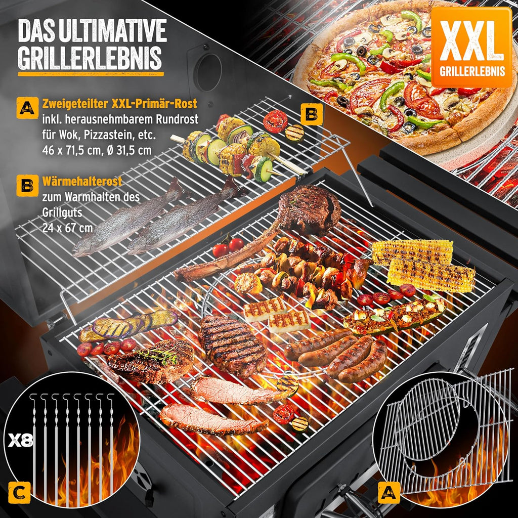 KESSER® Grill Grillwagen BBQ Smoker XXL Holzkohlegrill mit Deckel, Rädern, Edelstahl-Griff, Grillrost und Thermometer, 8 Spieße mit Tasche & Silikon-Pinsel, Standgrill, Kohlegrillwagen