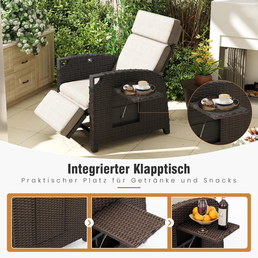 Amopatio Relaxliege Liegesessel, Rattan Sonnenliege mit Verstellbar Rückenlehne und Klapptisch, Outdoor Gartensessel wetterfestes, für Terrasse, Garten, Balkon â€?Beige & Braun