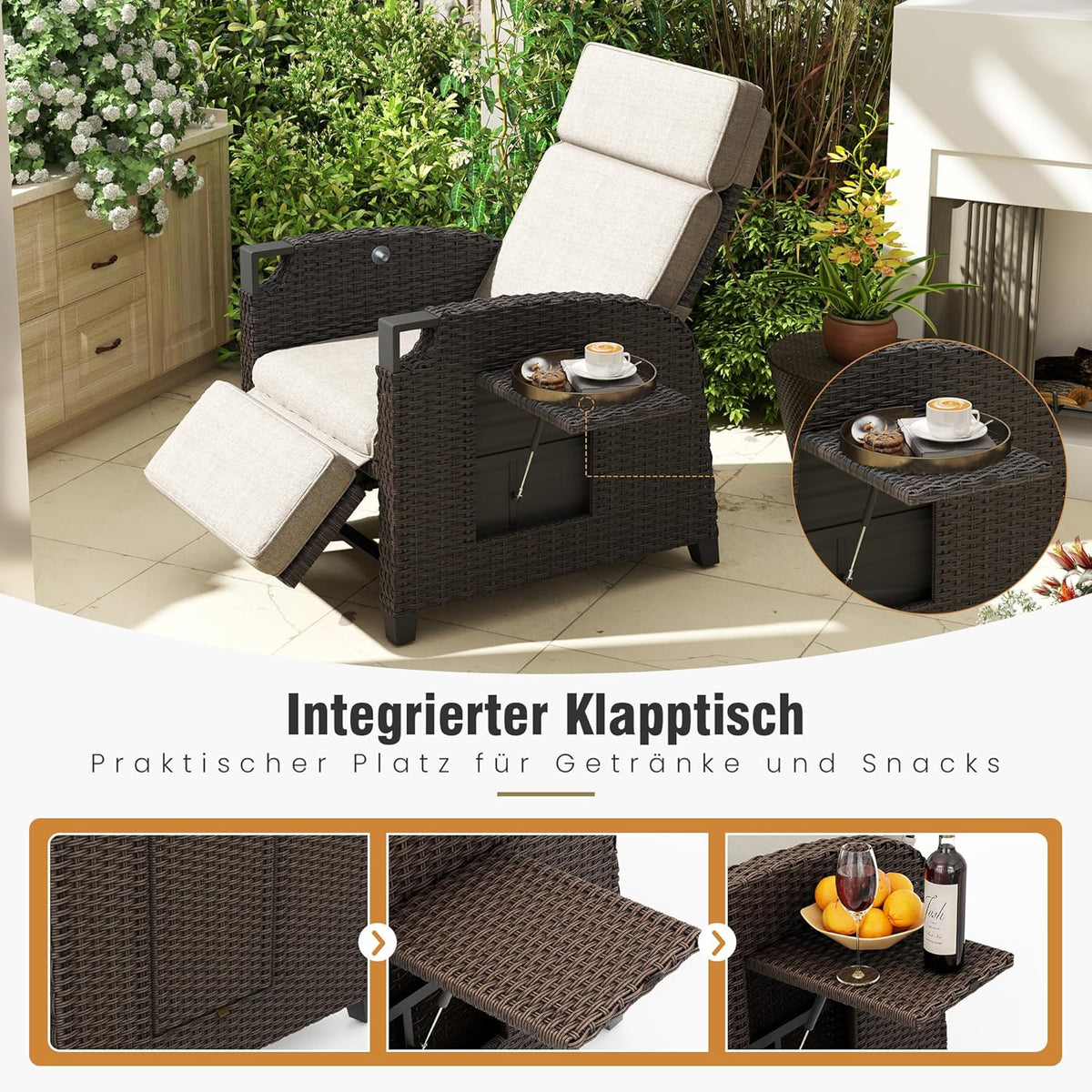 Amopatio Relaxliege Liegesessel, Rattan Sonnenliege mit Verstellbar Rückenlehne und Klapptisch, Outdoor Gartensessel wetterfestes, für Terrasse, Garten, Balkon â€?Beige & Braun