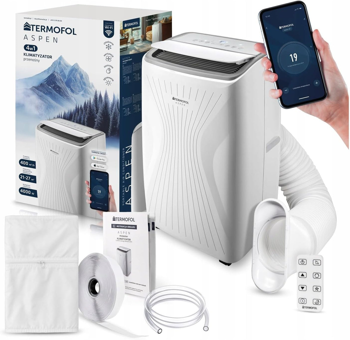 Termofol Mobile Klimaanlage ASPEN 4000W â€?4in1: Klimatisierung, Luftentfeuchter, Ventilator, Heizung â€?WLAN Fernsteuerung â€?energiesparendes Smart-Home-Gerät â€?modernes Design â€?weiß