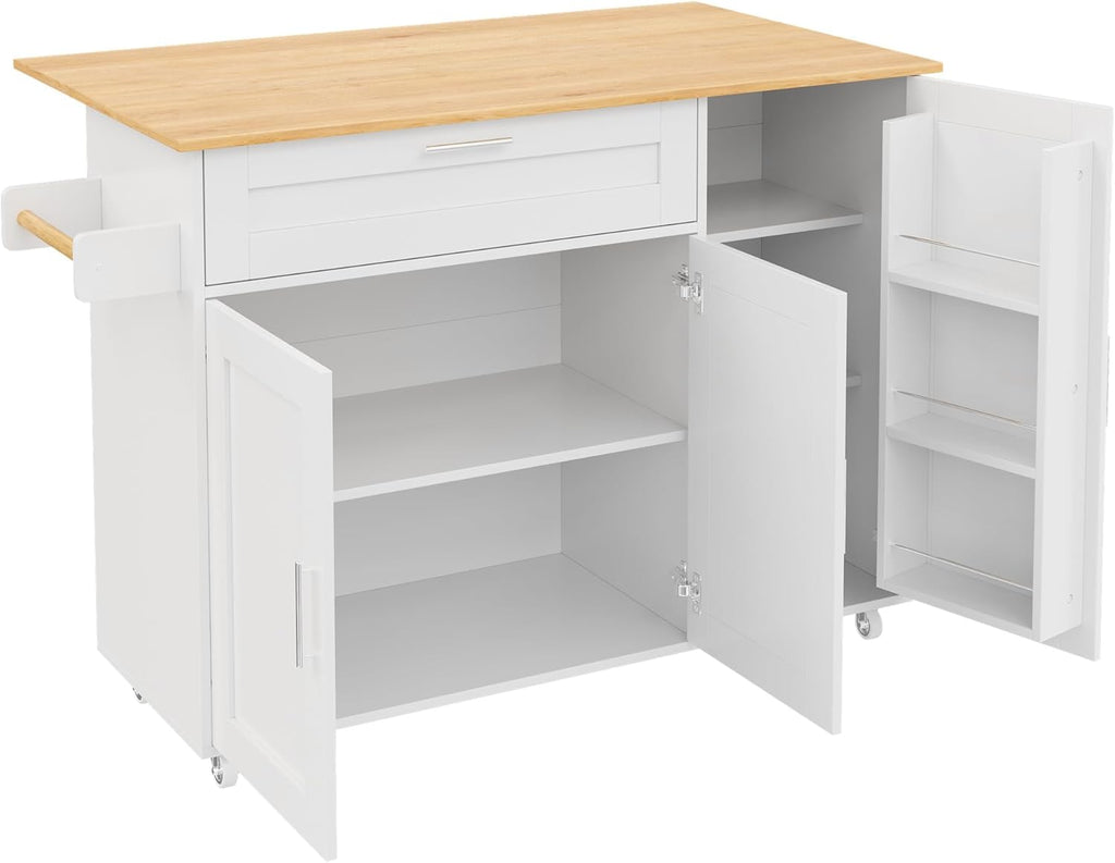 Mobiler Küchentisch, Arbeitsplatte Klappbar, Eiche Maserung, Multifunktionaler Schrank, Gewürzregal, Handtuchhalter, 5 Rollen, Weiß Geeignet für Küche/Essen/Haus