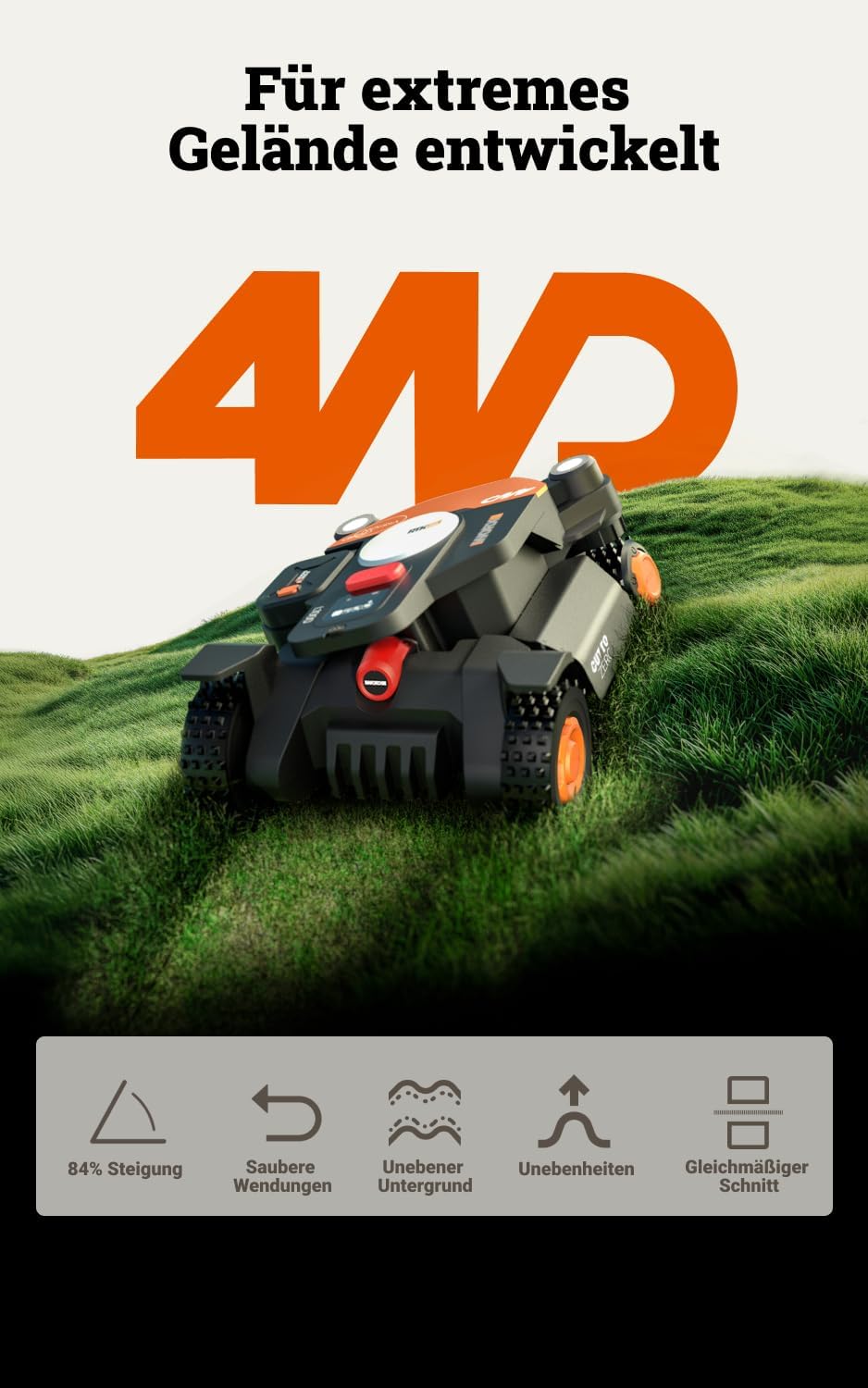 WORX Landroid Vision Cloud WR340E 4WD Mähroboter ohne Begrenzungskabel für 600 m² (KI-Hinderniserkennung, VSLAM+ RTK Cloud Navigation, 84% Steigung, Auto-Mapping, App-Steuerung)