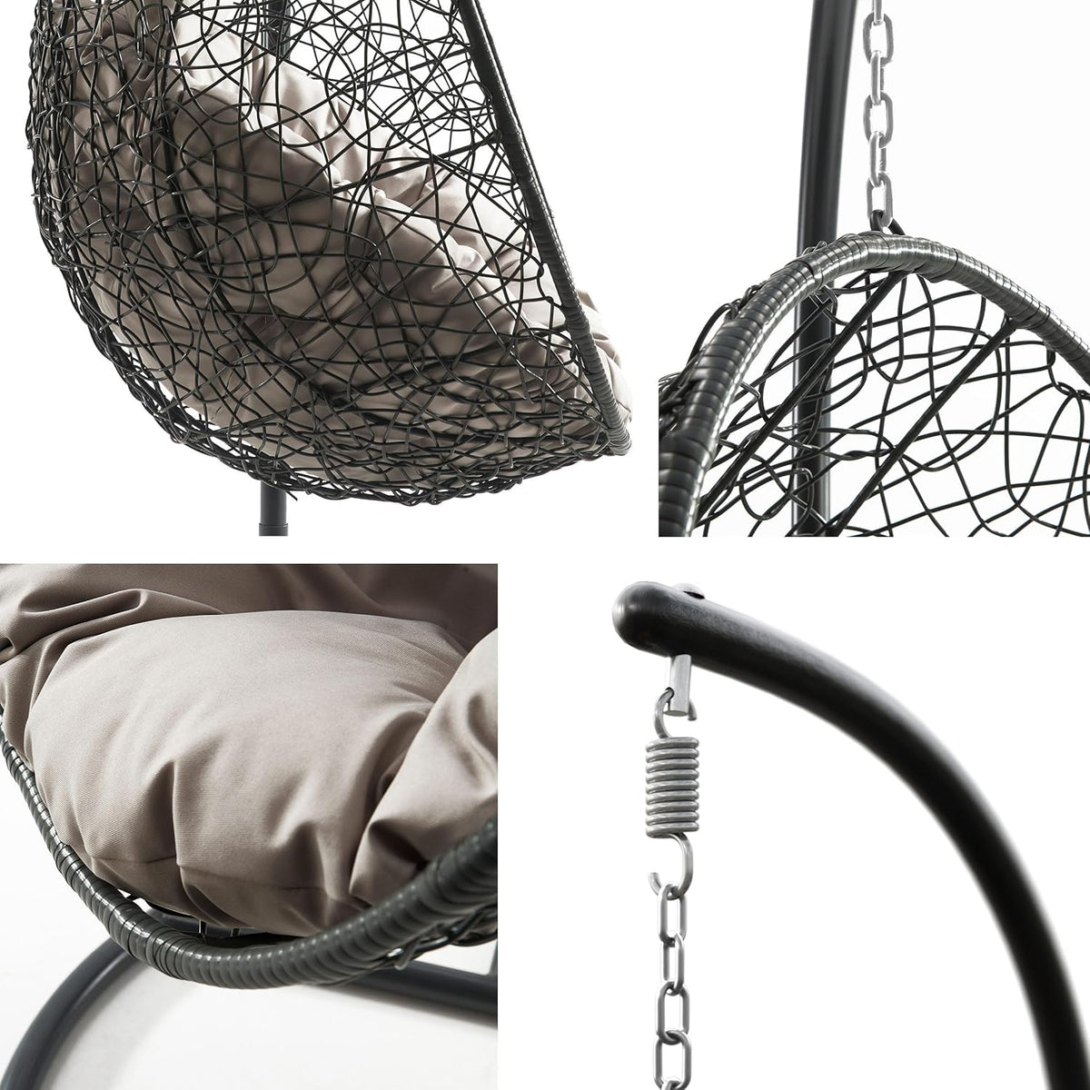 Mirjan24 Hängesessel mit Gestell und Kissen Bordia, Hängestuhl mit Rückenkissen, Hängesitz, Hängekorb, Stahlskelett, Indoor & Outdoor (grau/Kissen: grau)