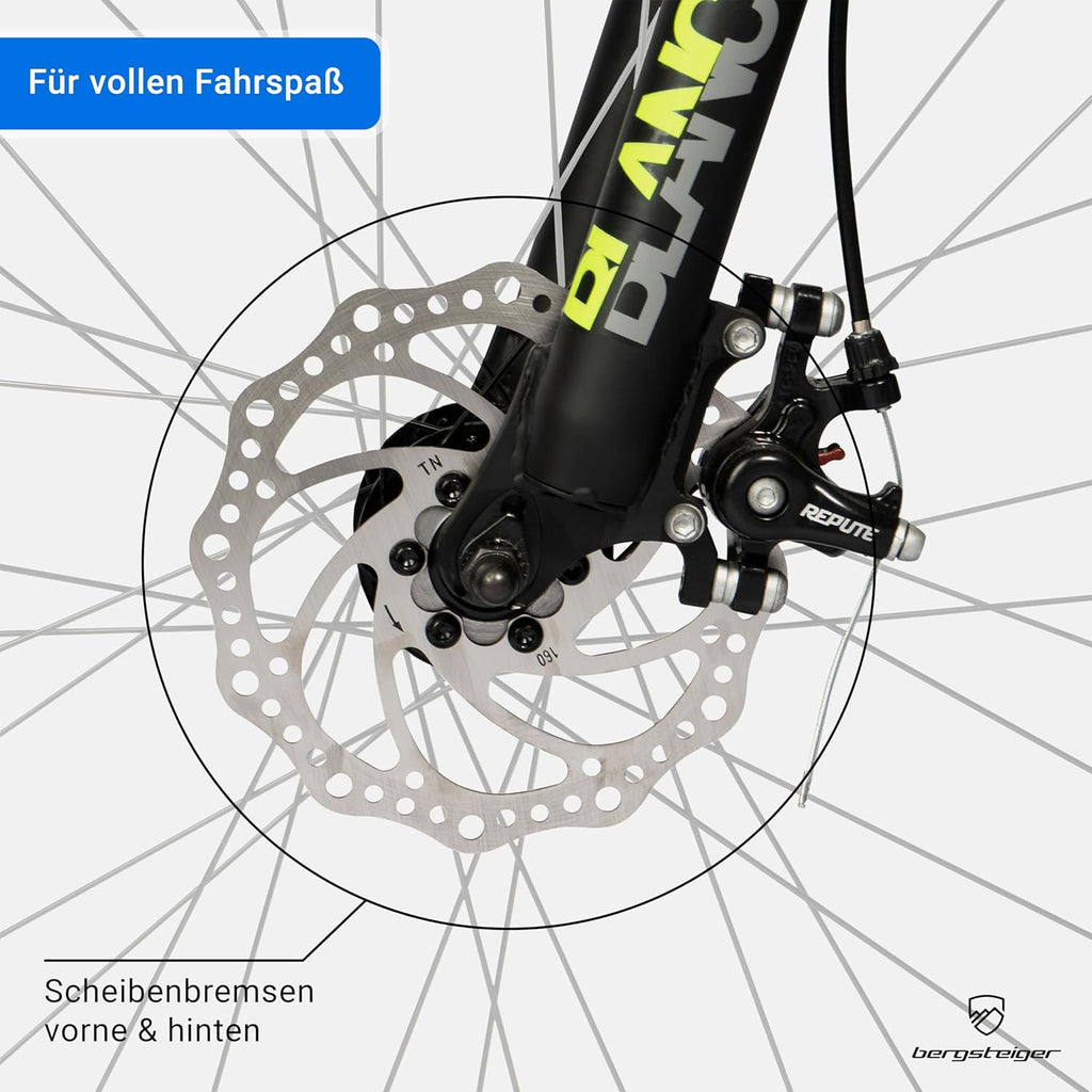 Bergsteiger Broome 24, 26 Zoll Kinderfahrrad, 21 Gang-Schaltung, StVZO, Mountainbike mit Vollfederung, Scheibenbremsen & Dynamo-Licht, geeignet für 8, 9, 10, 11, 12, 13 Jahre, Jungen & Mädchen