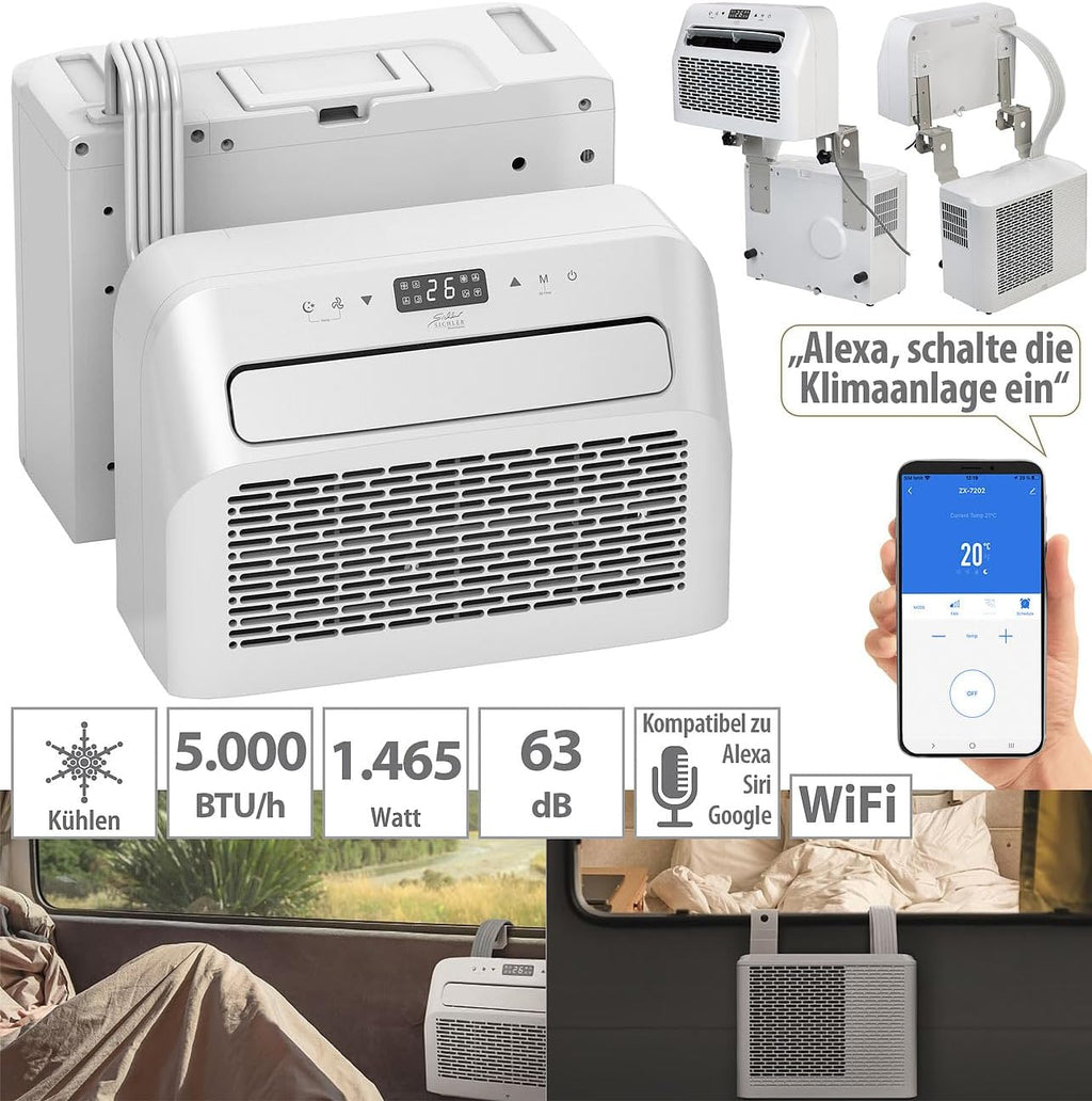 Sichler Haushaltsgeräte Klimaanlage Wohnwagen: Mobile Split-Klimaanlage, Entfeuchterfunktion, WLAN & App, 5.000 BTU/h (Mini Split, ohne Bohren, PCs)