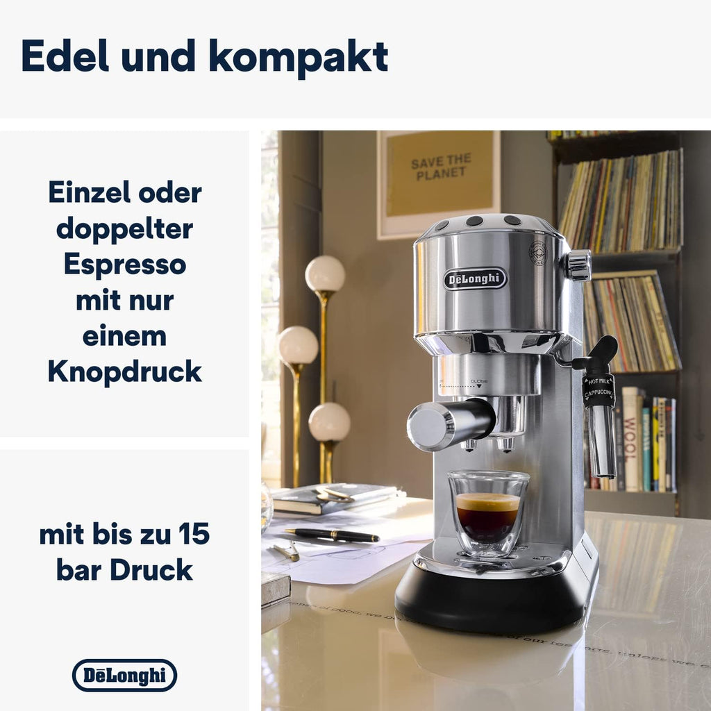 De'Longhi Dedica Style EC 685.M â€?Espresso Siebtrgermaschine, Espressomaschine mit professionellem Milchaufschumer, nur 15 cm breit, für Kaffeepulver oder ESE Pads, 1 l Wassertank, silber