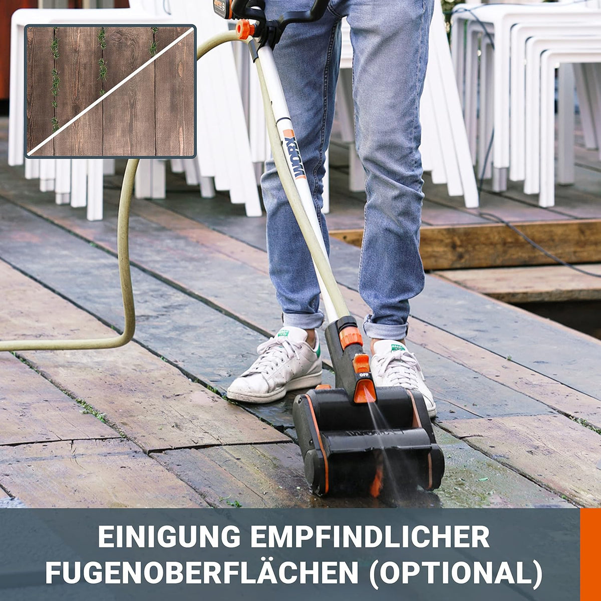 WORX WG441E Akku-Multi-Bürste 20V -multifunktionale Oberflächenbürste für Stein-& Holfzflächenreinigung & Unkrautentfernung -integrierter Wasseranschluss - inkl. 4Ah PowerShare Akku & Schnellladegerät