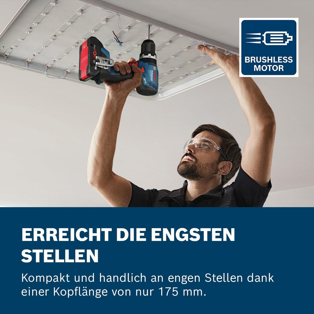 Bosch Professional 18V System Akku-Bohrschrauber GSB 18V-65 (bürstenloser Motor, Kopflänge 175, inkl 2x Akku GBA 18V 5.0Ah, Ladegerät GAL 18V-40, L-BOXX)